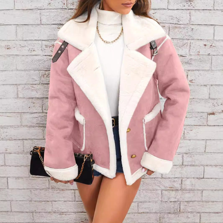 a woman in a pink coat