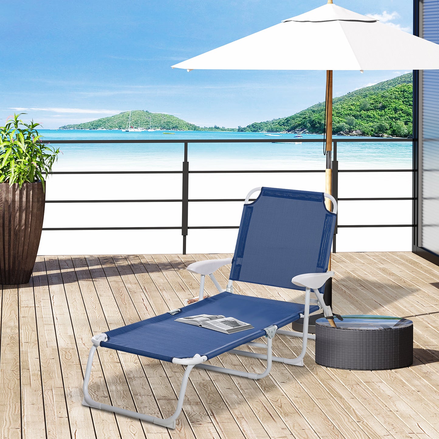 Folding Lounge Chair Outdoor 5-Level Reclining Chaise Lounge Chair Outdoor Camping Tanning Chair with Frame