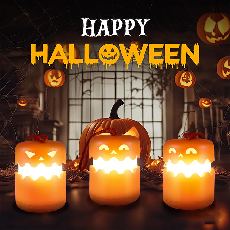 a group of lit candles with jack-o-lanterns