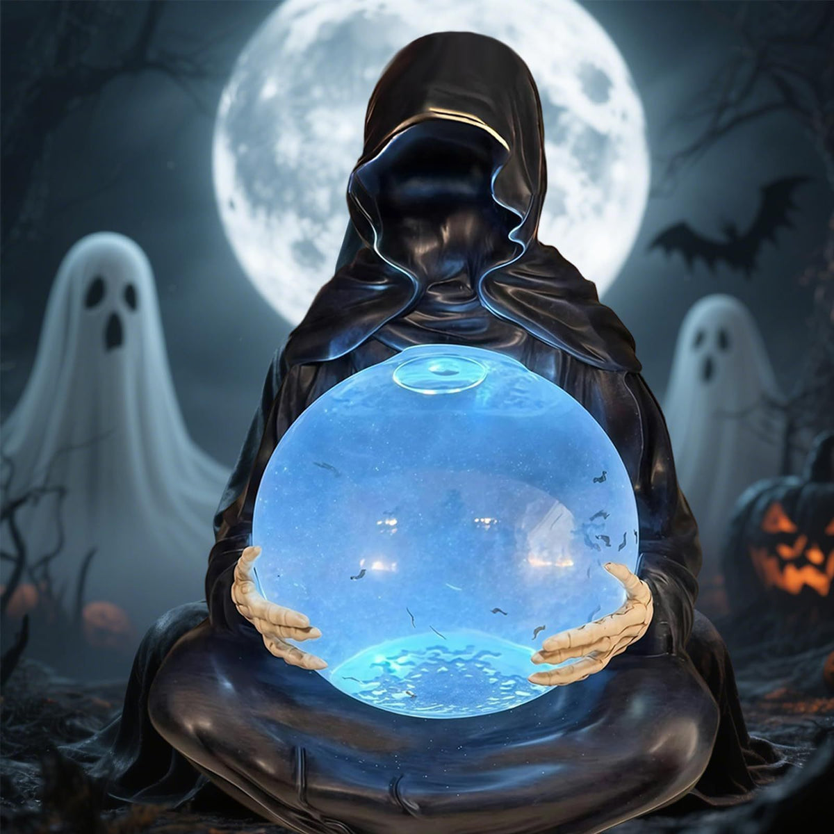 a person in a black robe holding a glowing ball