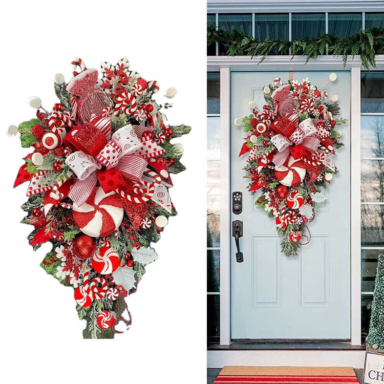 a christmas wreath on a door