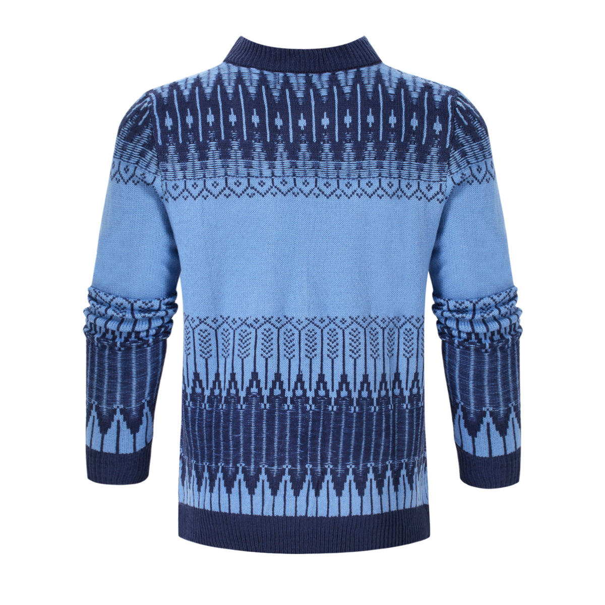 a blue sweater with a pattern on it