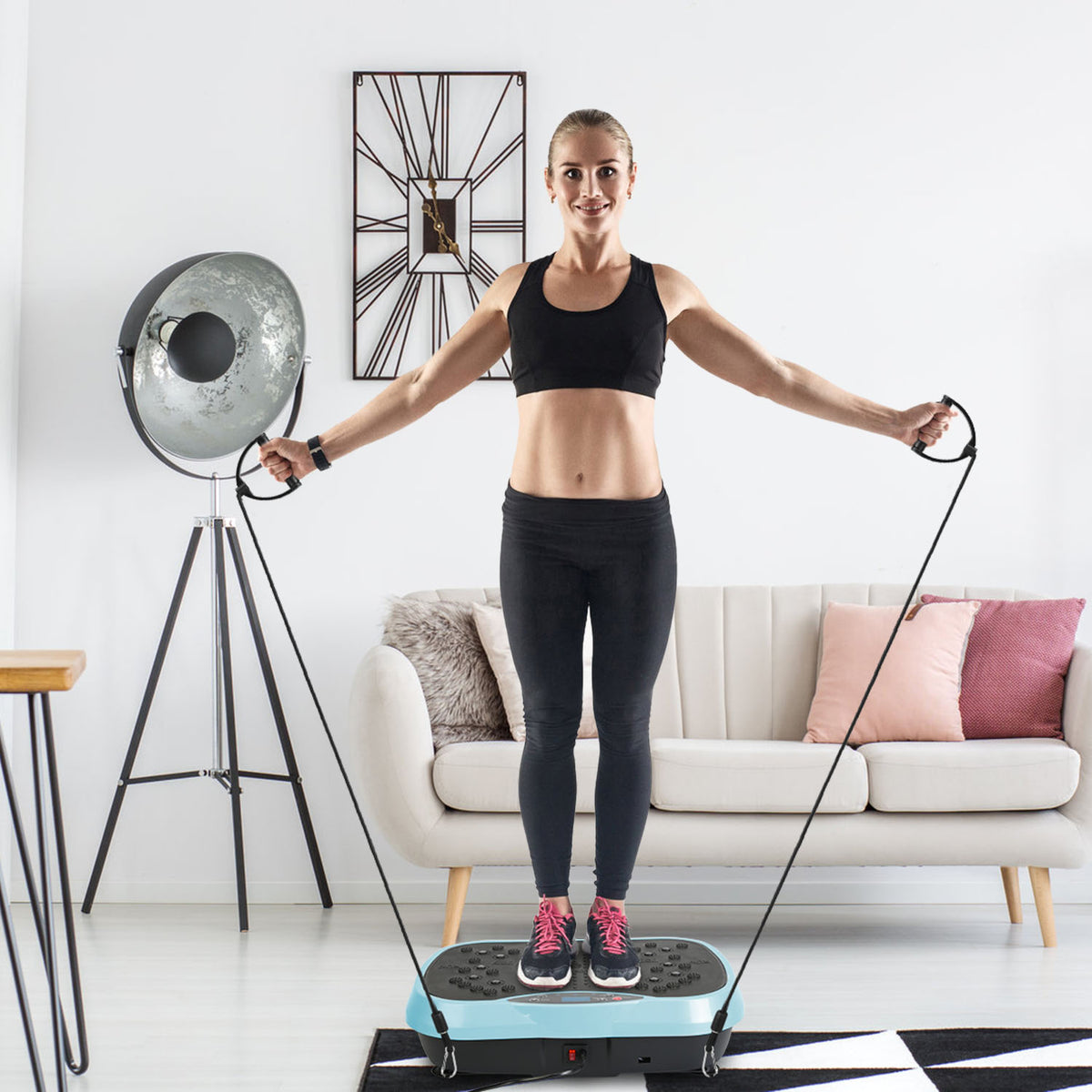 a woman standing on a step board