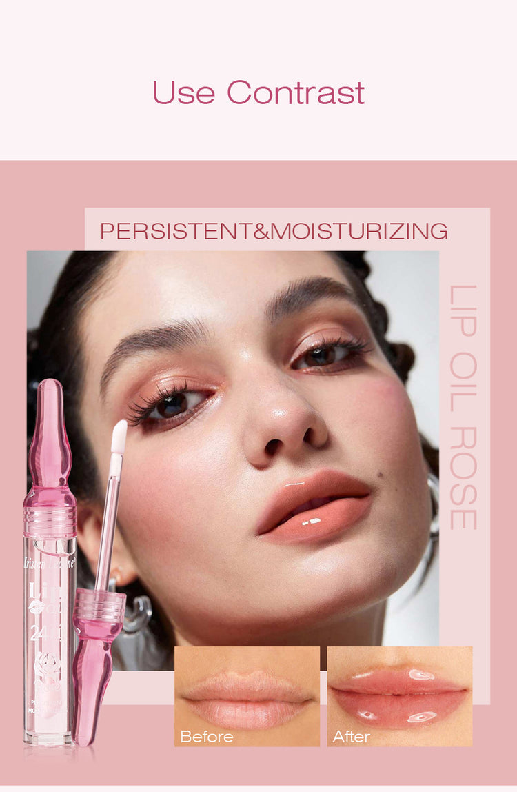 a woman with a pink lip oil