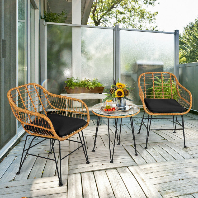 3 Pieces Rattan Furniture Set With Cushioned Chair Table
