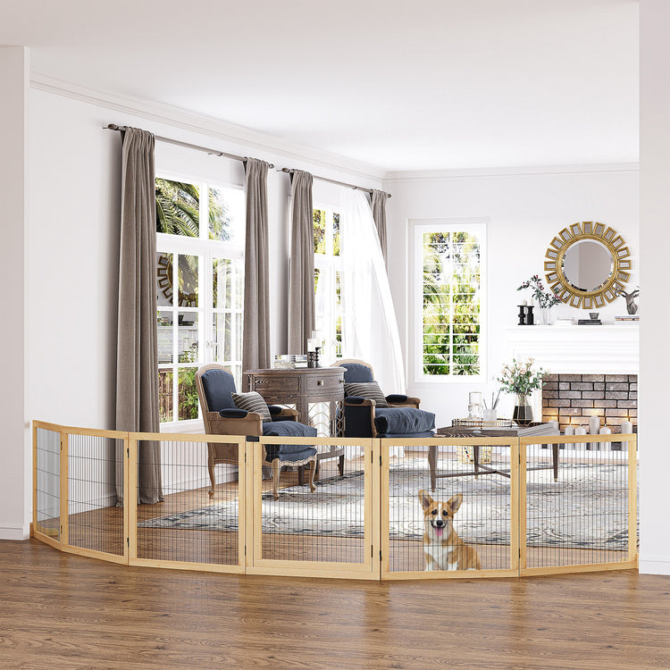 a dog behind a gate in a room