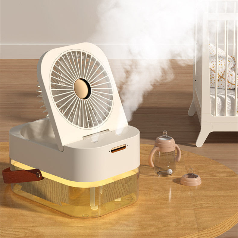 a fan with a baby bottle and a bottle on a wood floor
