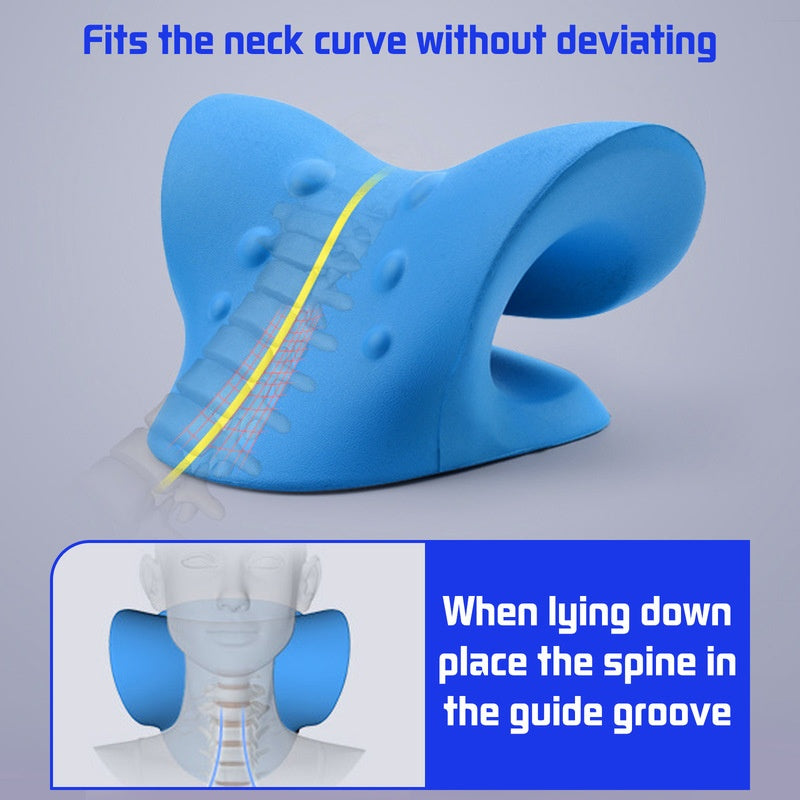 a blue neck pillow with yellow lines