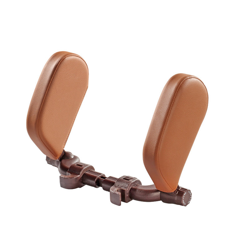 a brown head rest with a plastic holder