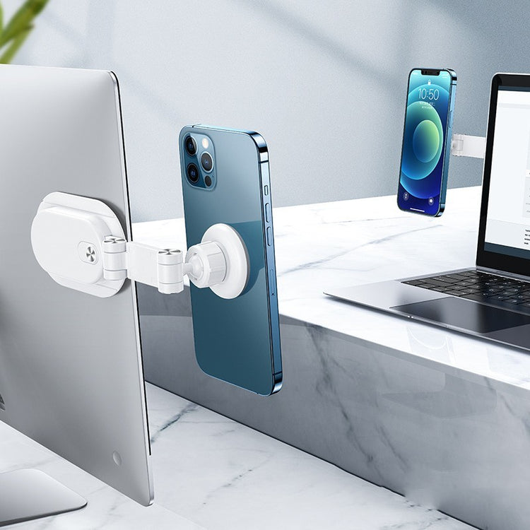 a laptop and cell phone attached to a stand
