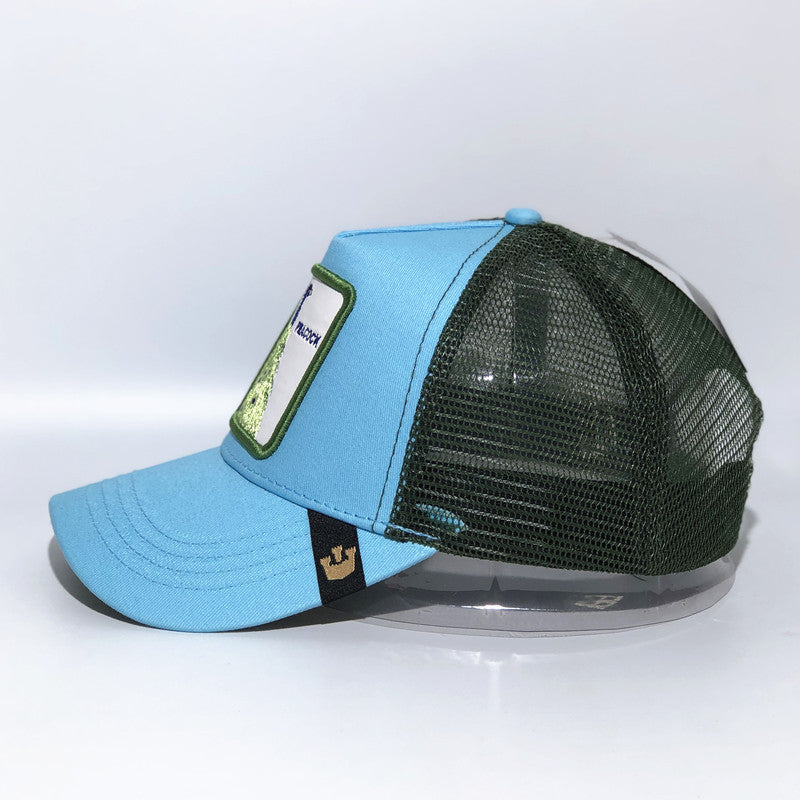 a blue hat with a black mesh on it