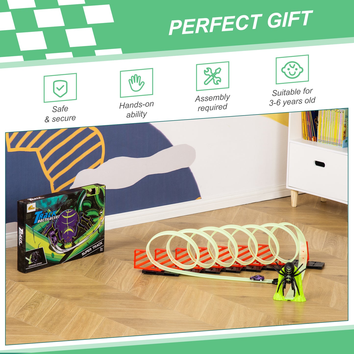 Track Builder Loop Kit Criss-Cross Glowing Race Track Toy Set Spooky Spider Fun Starter Kit