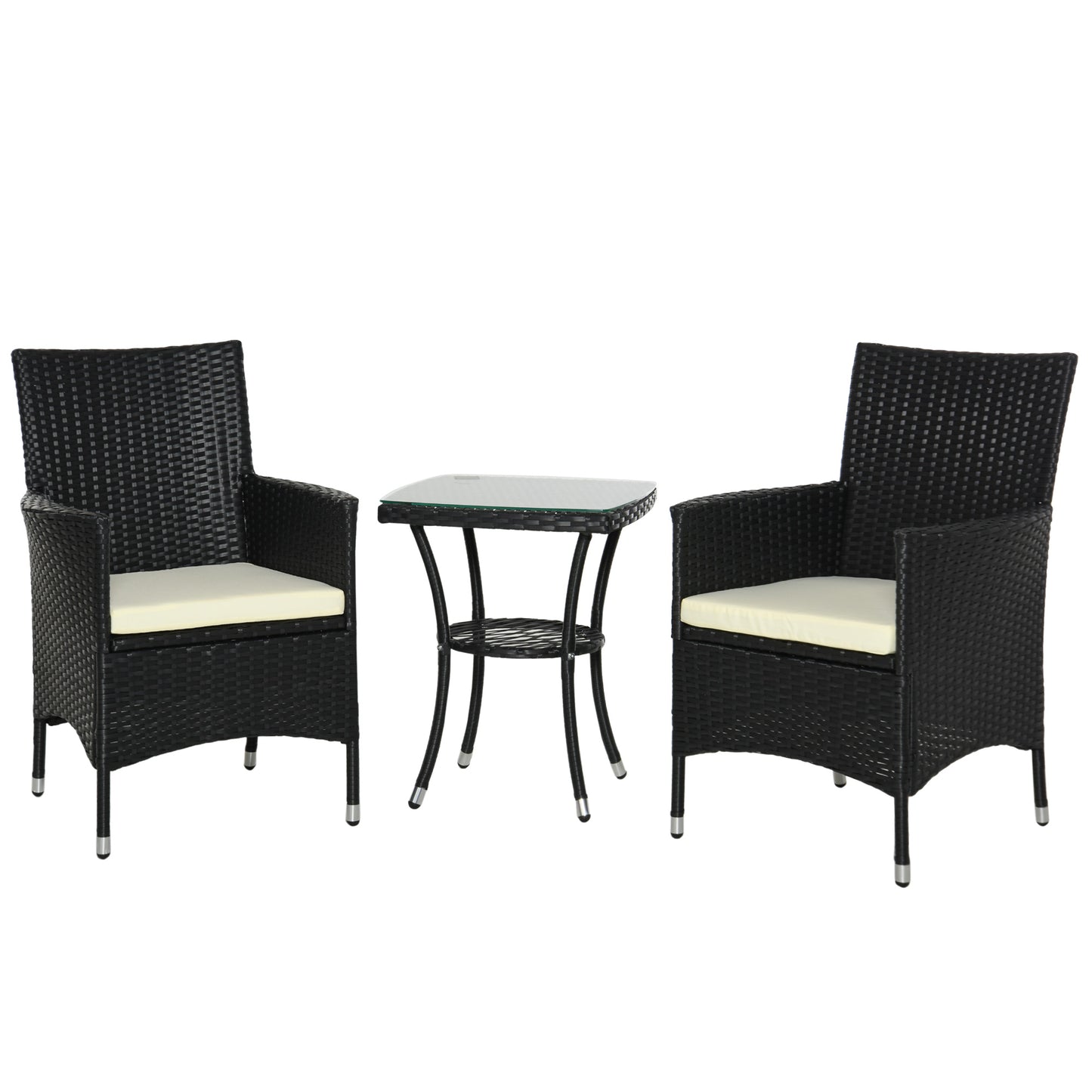 3 Pieces Rattan Bistro Set, Wicker Garden Furniture Set With 2-Tier Coffee Table And Chairs, Cushions, For Outdoor Patio Balcony, Black