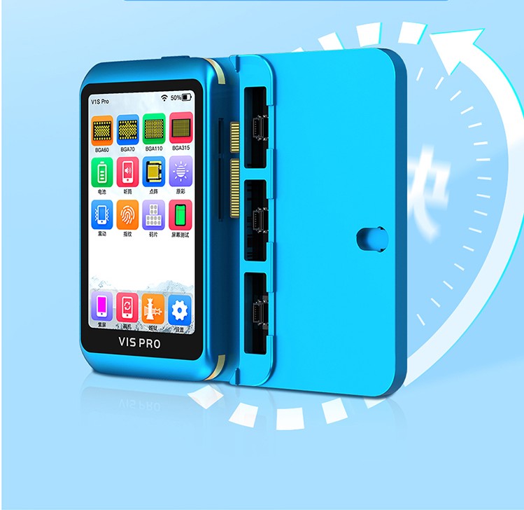 a blue cell phone with a screen showing the back end