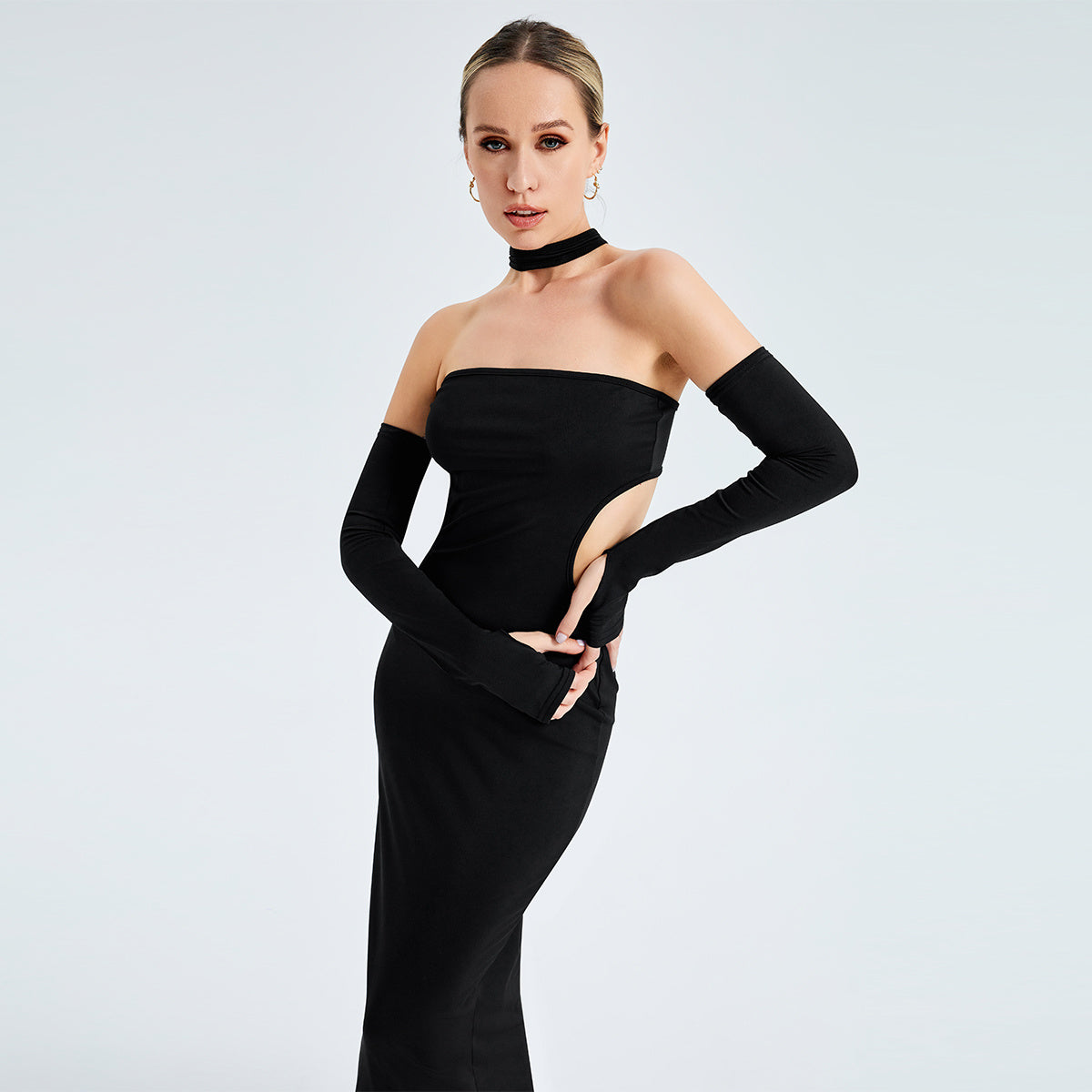 a woman in a black dress