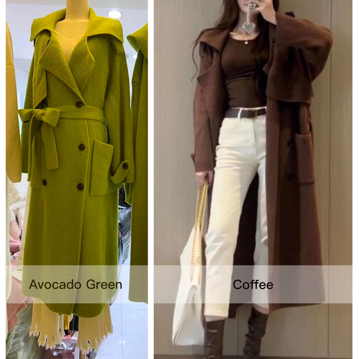 a collage of a woman in a long coat