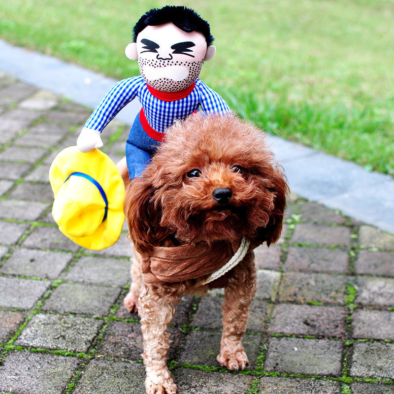 a dog with a stuffed toy on its back