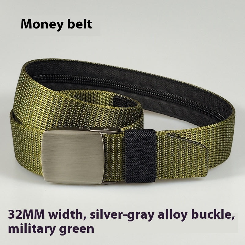 a green belt with a silver buckle
