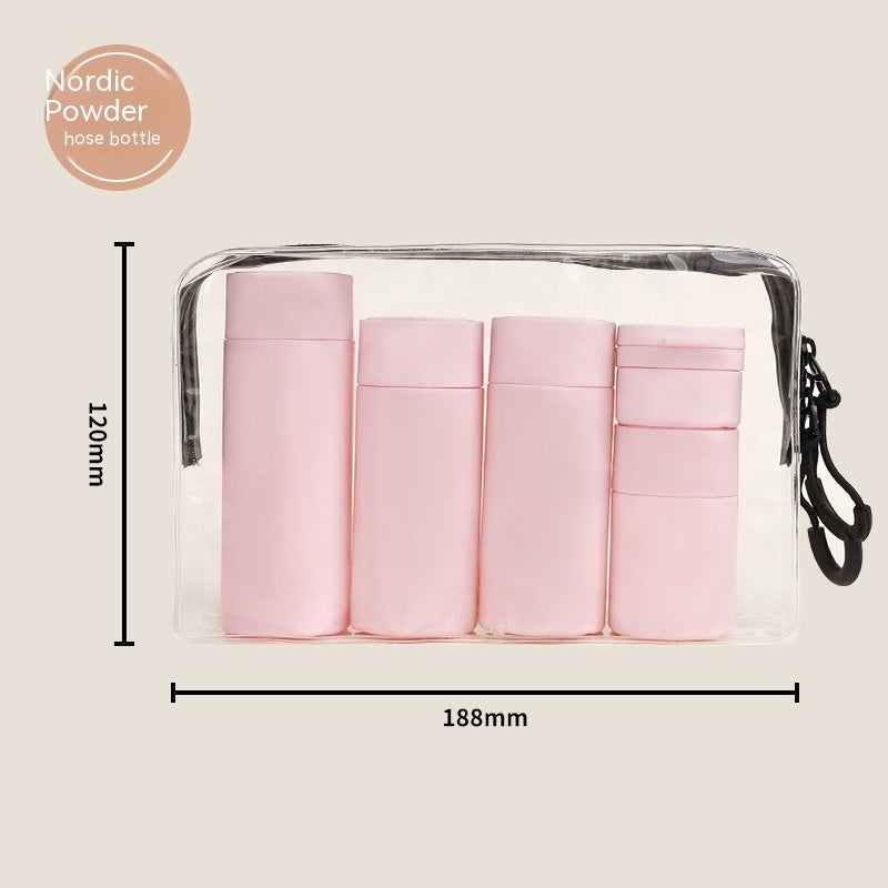 a clear bag with pink containers