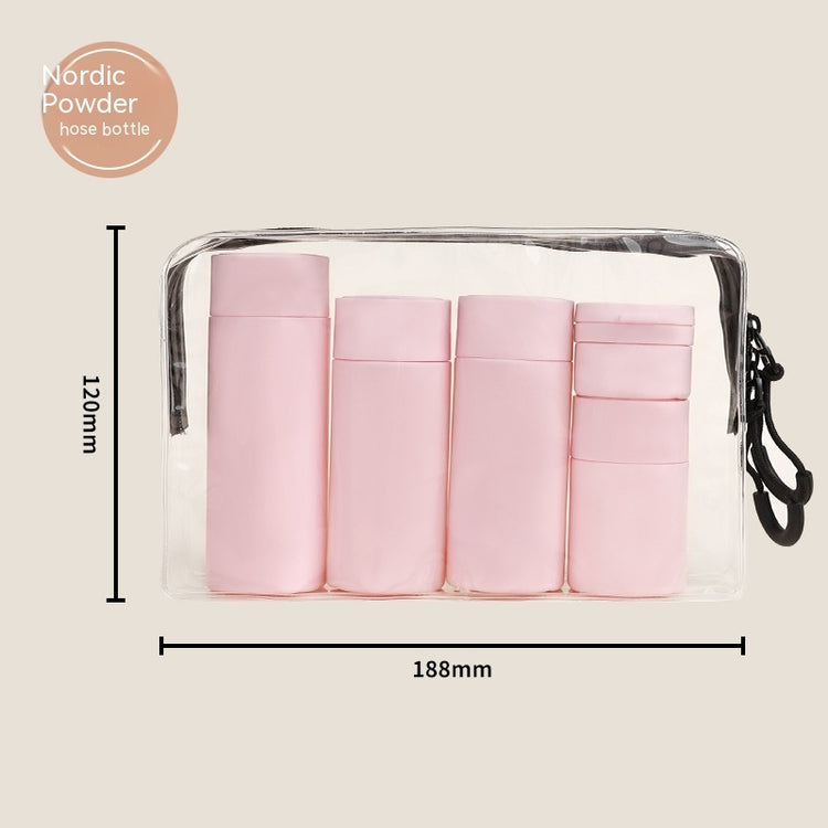 a clear bag with pink containers