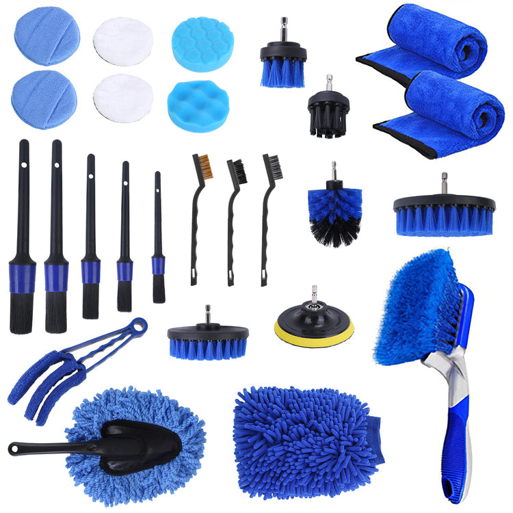 a collection of blue cleaning brushes