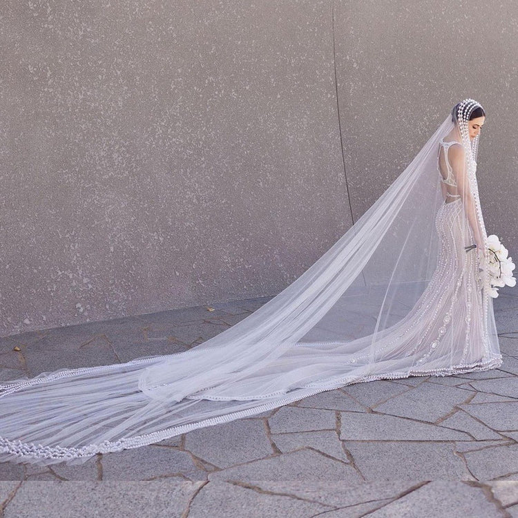 a woman in a wedding dress with a long white veil