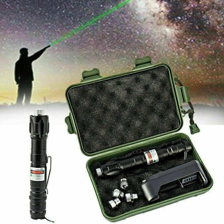 a green case with a laser pointer and a person pointing