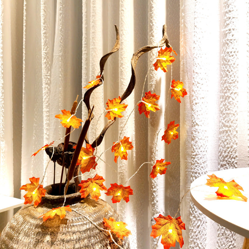 a vase with lights and leaves