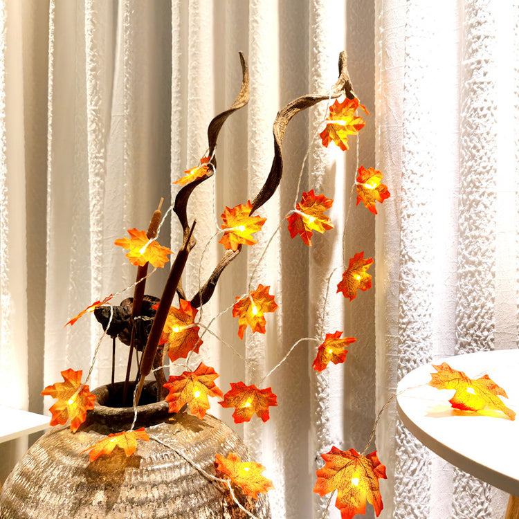 a vase with lights and leaves