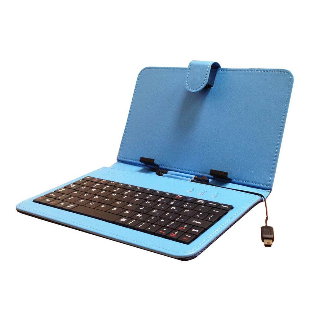 a blue tablet with a keyboard
