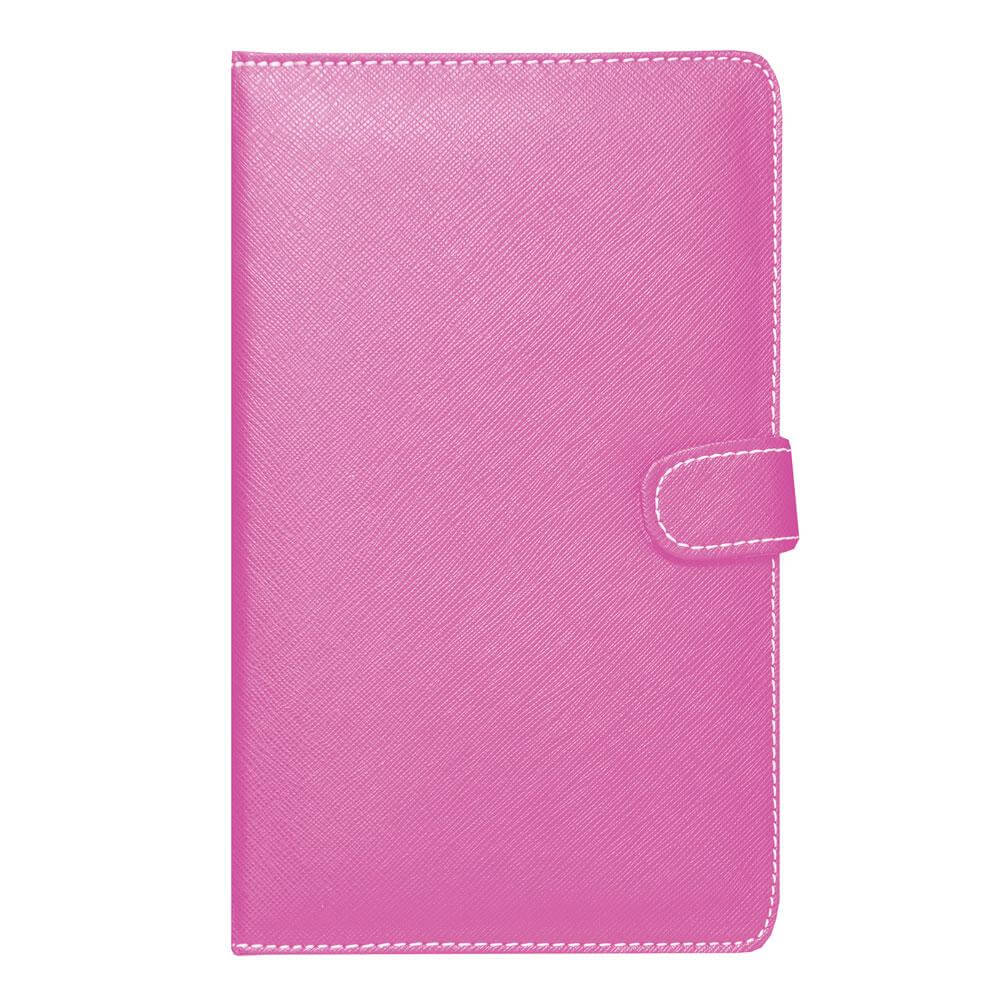 a pink leather case with a strap