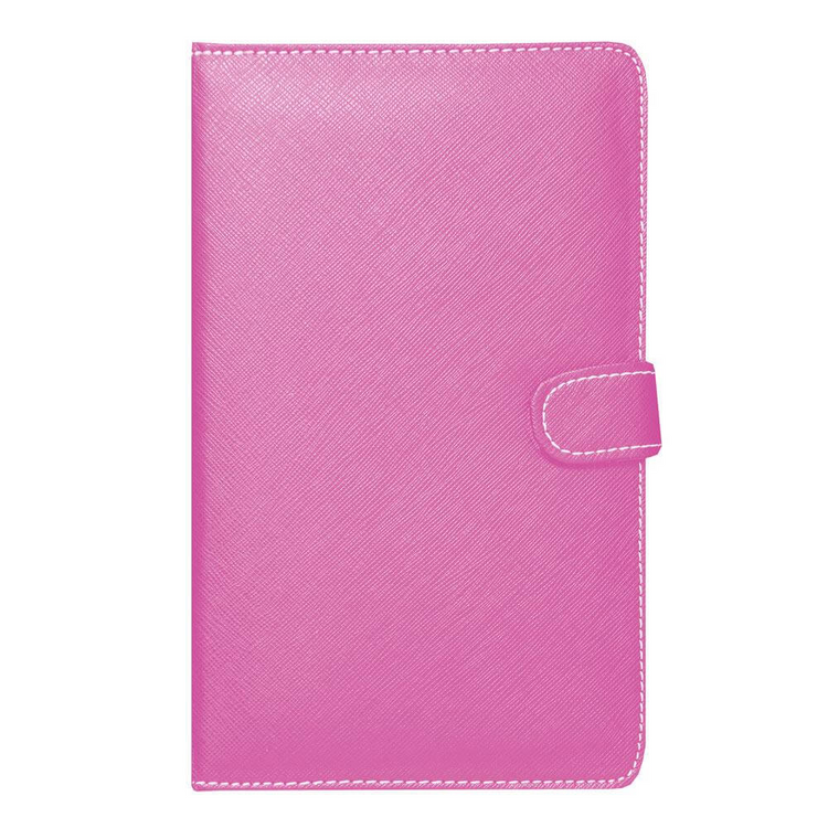 a pink leather case with a strap