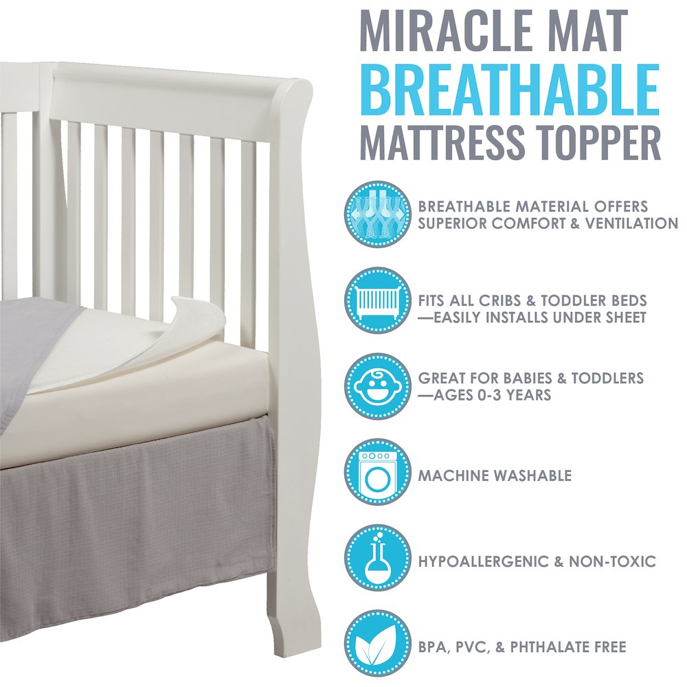 a white crib with blue and white text