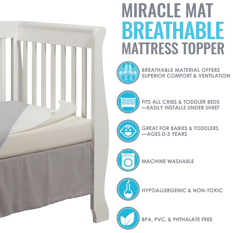 a white crib with blue and white text