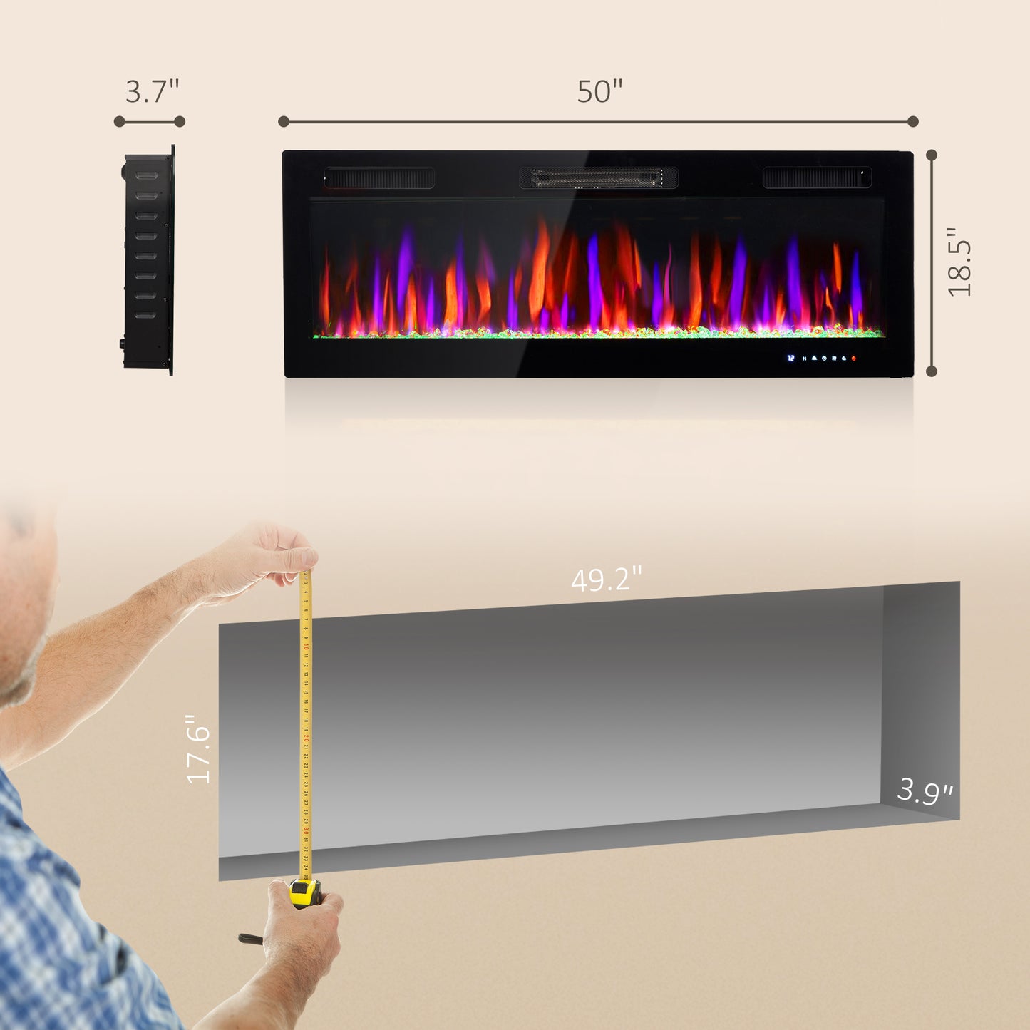 50" Electric Fireplace Recessed and Wall Mounted