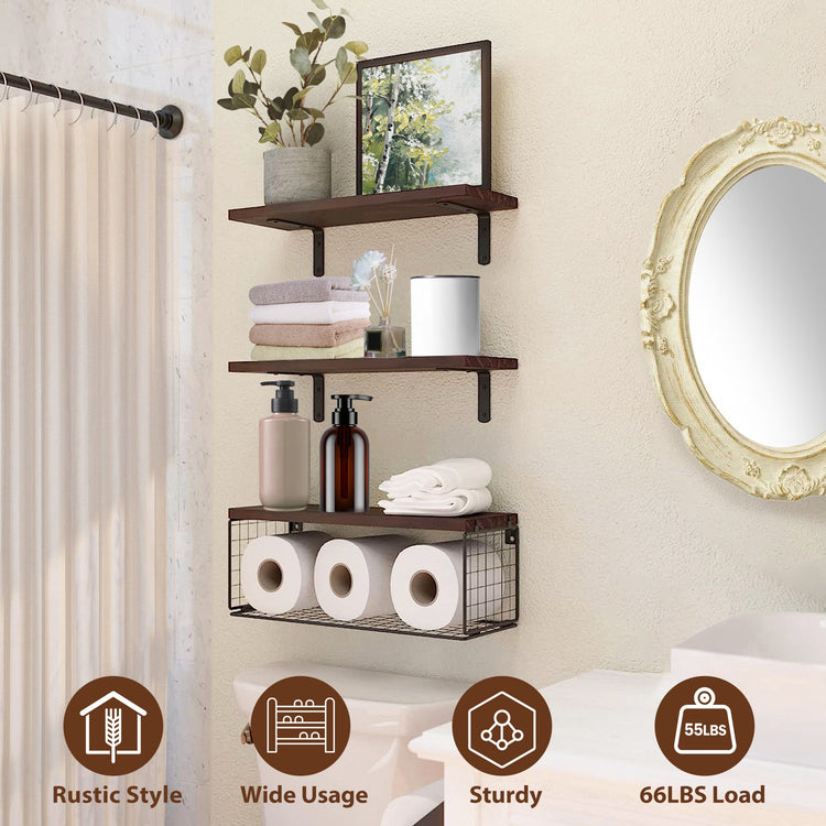 a bathroom with a mirror and shelves