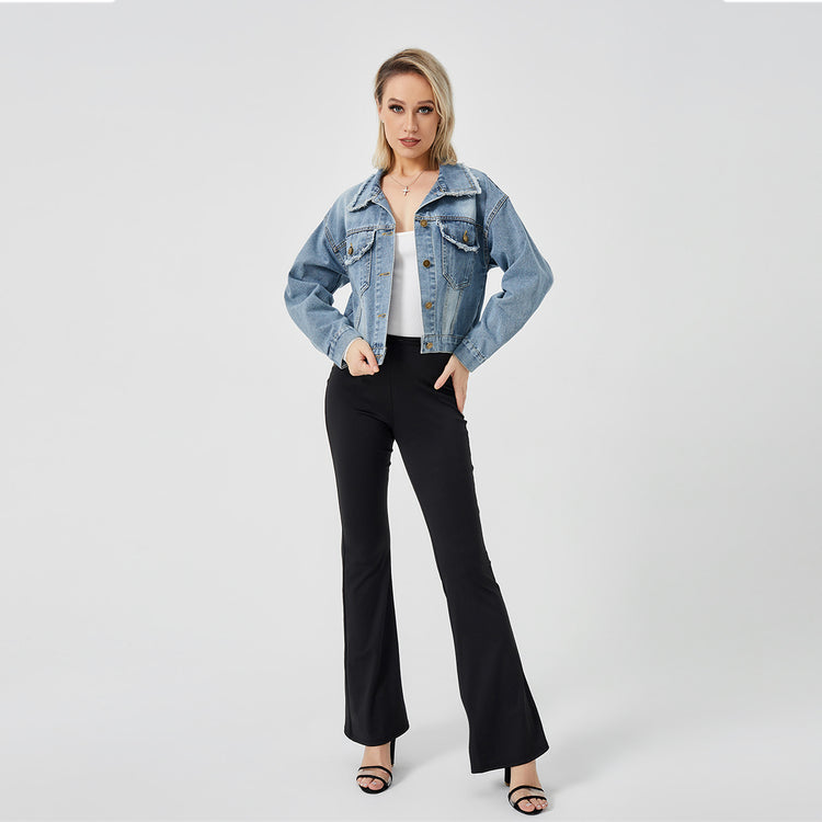 a woman in a denim jacket
