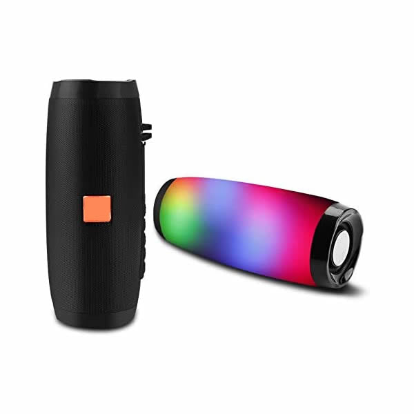 a black speaker and a colorful speaker