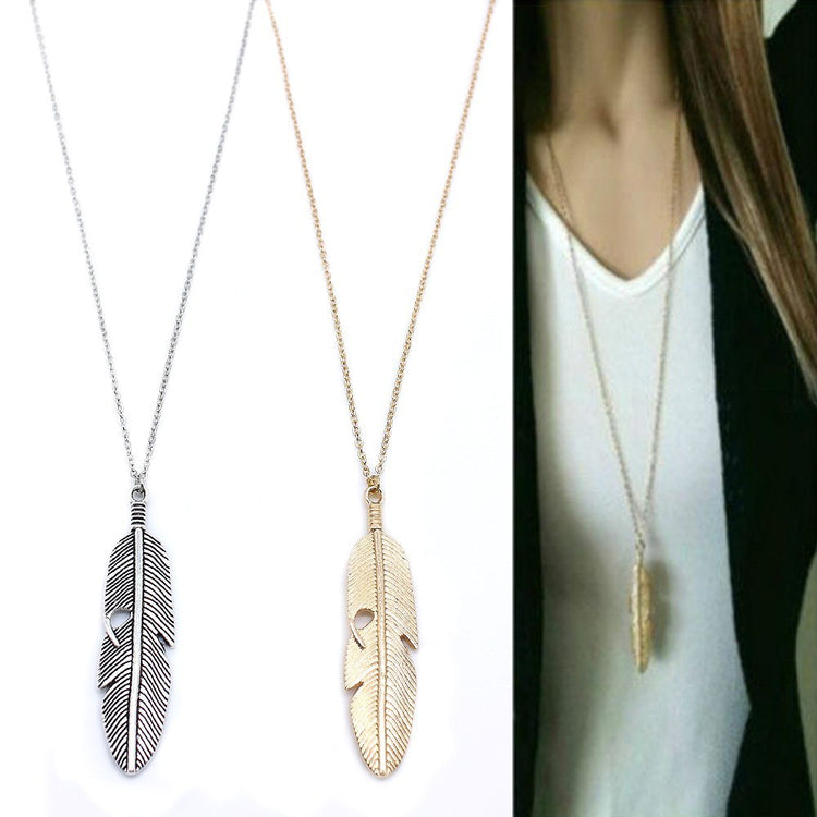 a collage of necklaces with a feather pendant