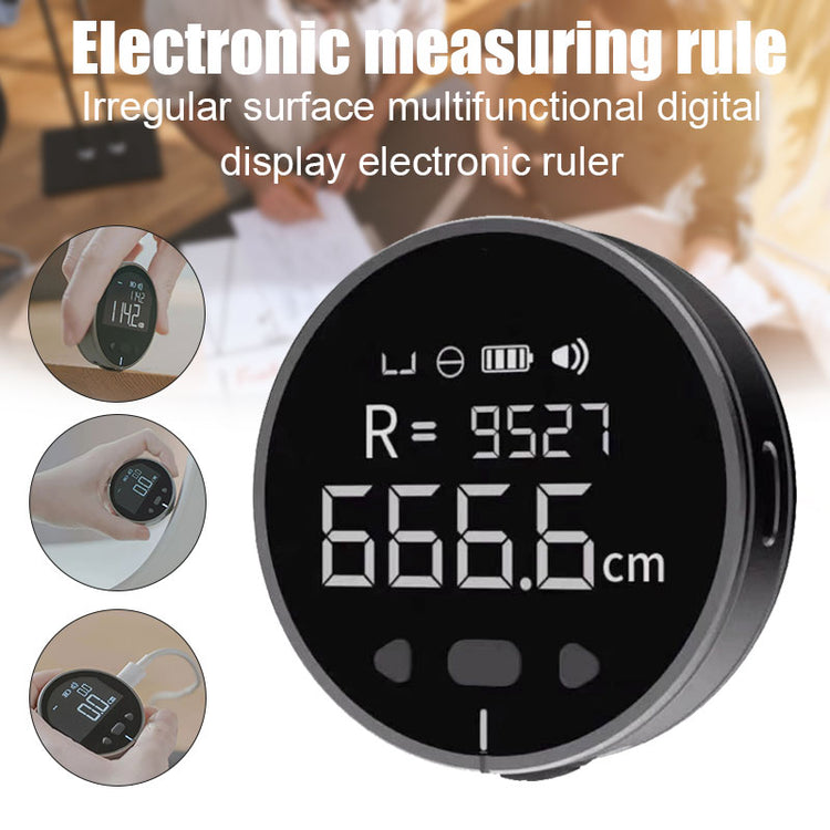a round black device with white text