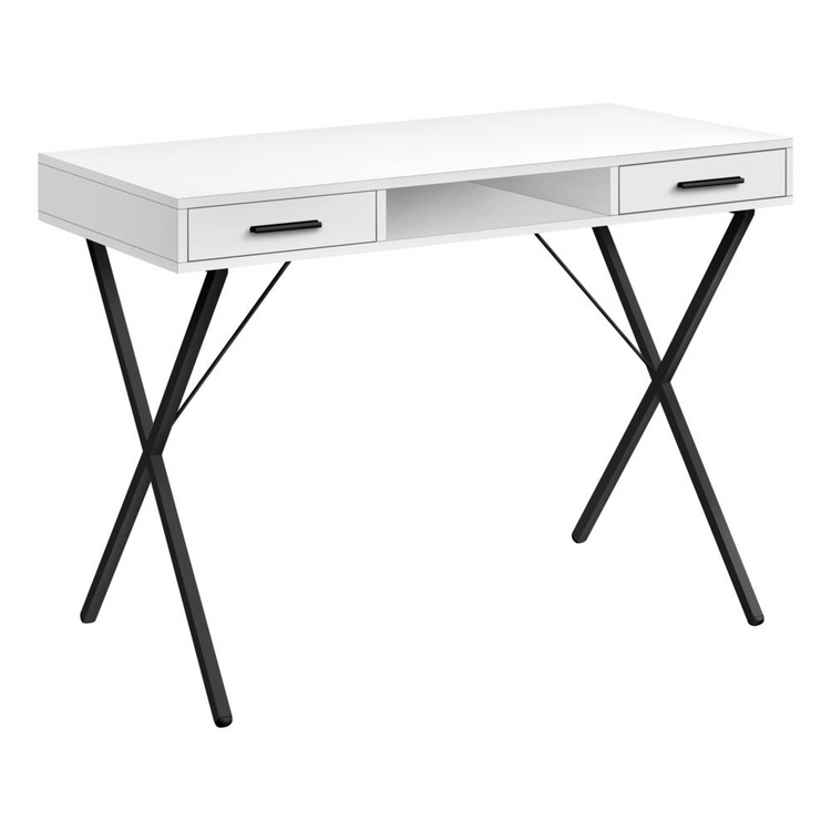 a white desk with black handles