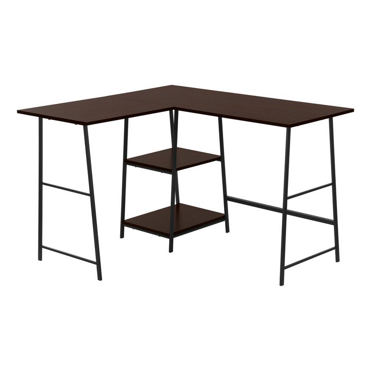 a corner desk with shelves