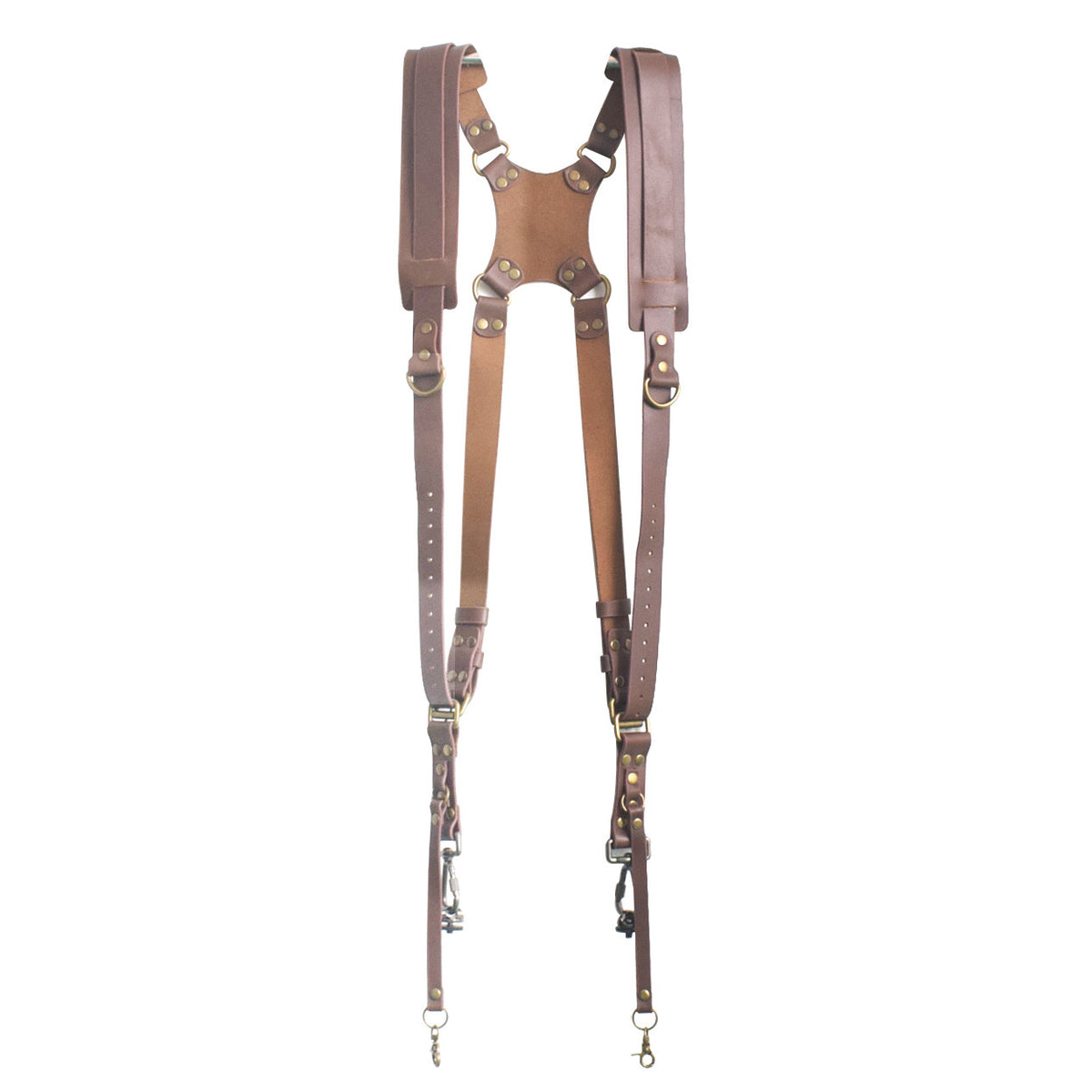 a brown leather suspenders with metal buckles