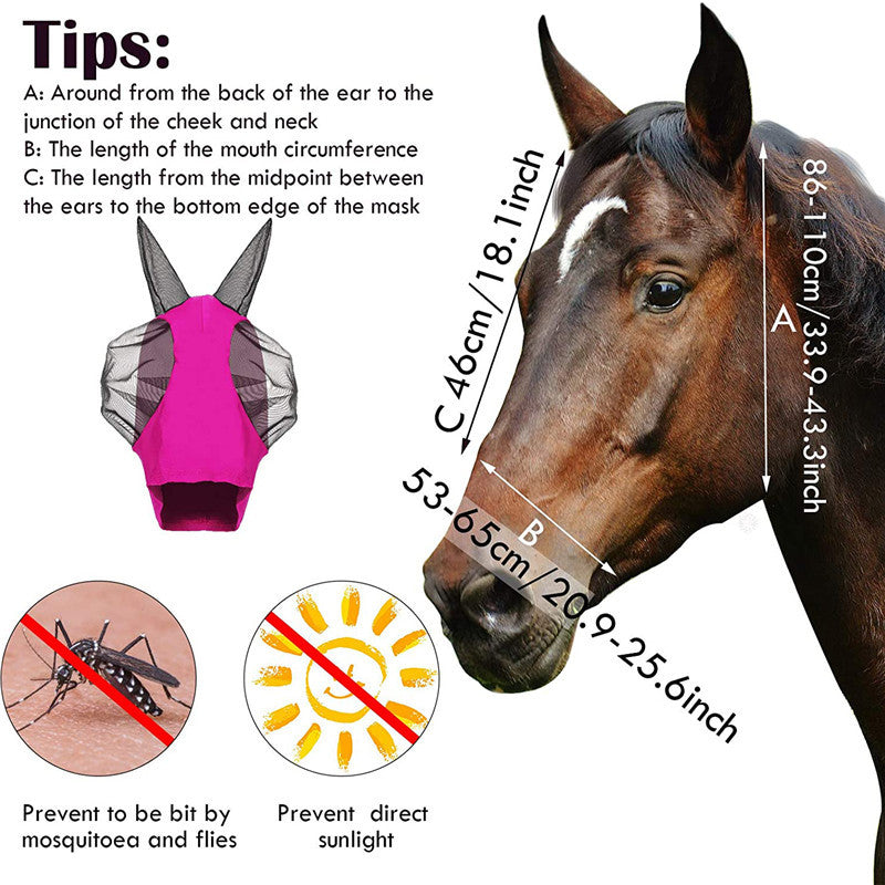 Lycra Horse Fly Mask With Ears Comfort Fit Mesh Trail Pasture Sun UV Protection