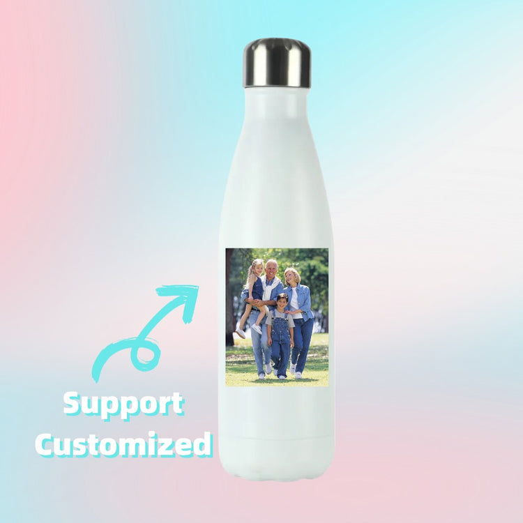 a white bottle with a picture of a family