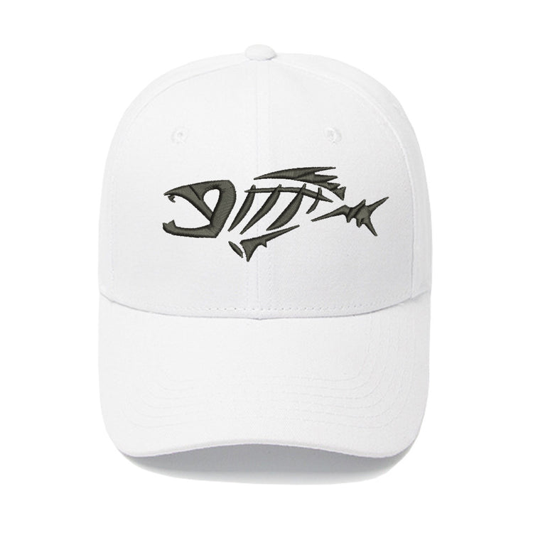 a white hat with a black fish on it