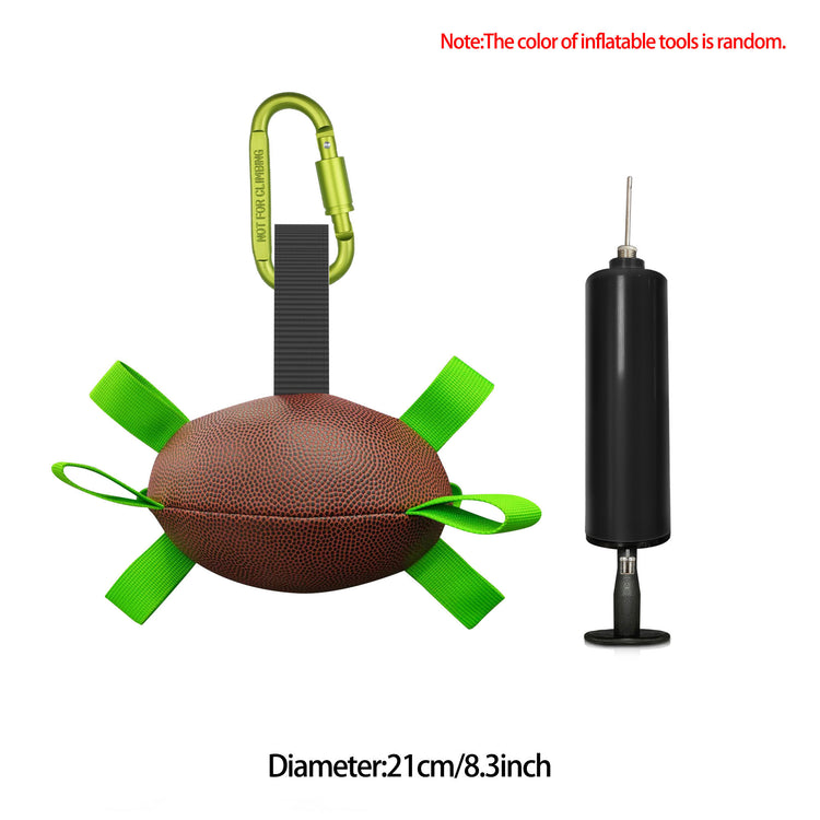 a football shaped object with a green ribbon and a black pump