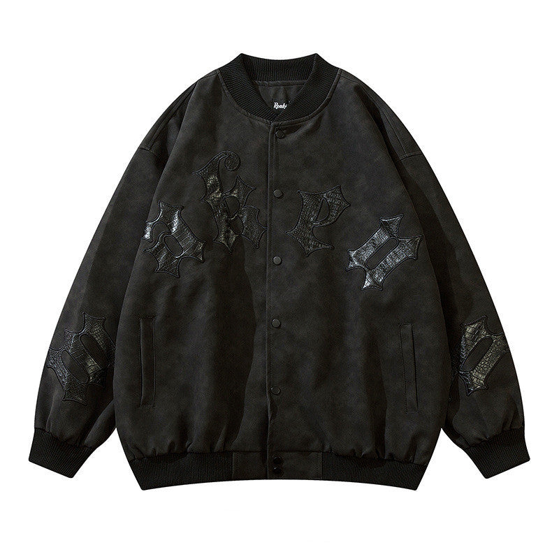 a black jacket with patches on it