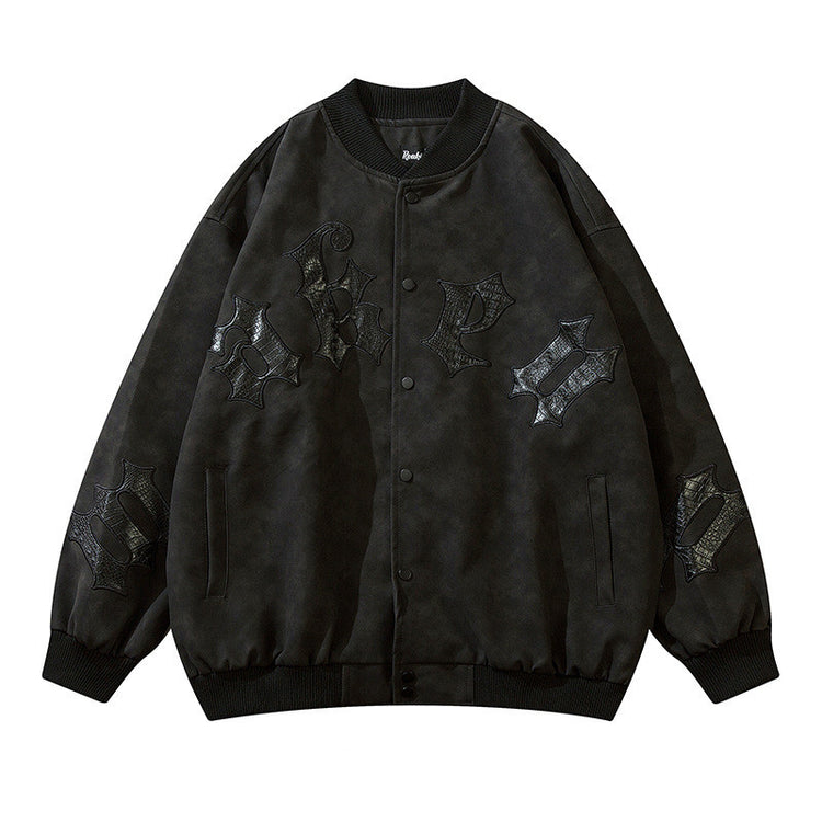 a black jacket with patches on it