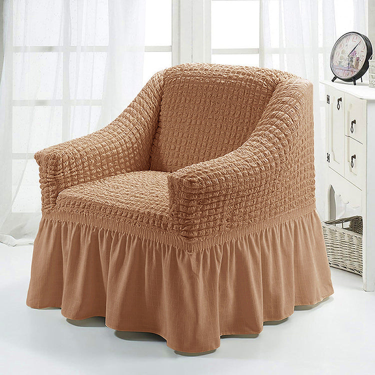 a chair with a ruffled cover
